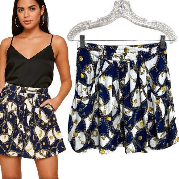 Topshop Navy Gold Chain Print Mini Skirt US 6 Button Front Pockets Baroque - Picture 1 of 12